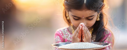 Young Indian girl placing rice grains on a prayer plate as part of sacred fasting traditions, immersed in spiritual practices photo