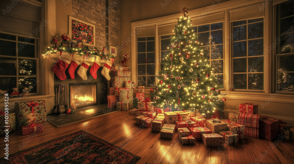 a cozy living room with a lit Christmas tree and wrapped presents a cozy living room with a lit Christmas tree and wrapped presents