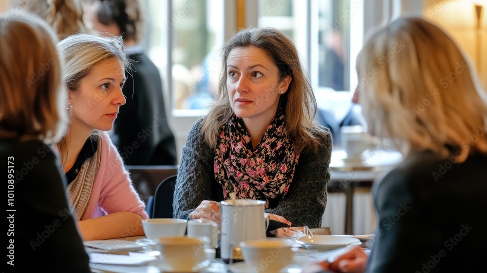 A group of women engaged in conversation over coffee at a social gathering. A group of women engaged in conversation over coffee at a social gathering.