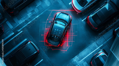smart car parking assist system is visualized from a top view, featuring autonomous technology for secure road scanning and self-parking 