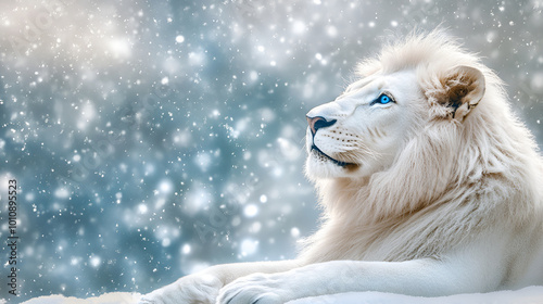 Male lion in the snow with snowflakes in the background ,Portrait of a Beautiful lion, snowfall is coming, a male lion in the snow, Animal portrait

