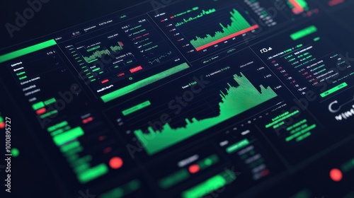 A digital dashboard displaying financial data and stock market trends in green and red.