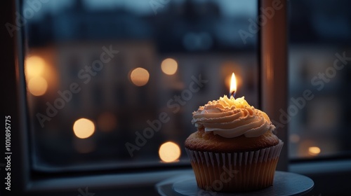 A lit cupcake with frosting sits on a plate beside a window, creating a cozy atmosphere.