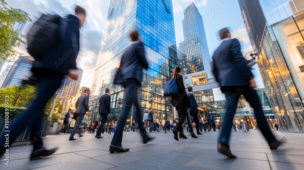 Obraz premium Busy city streets filled with professionals walking during morning rush hour in financial district for business promotions