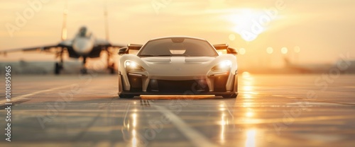 A white sports car is parked on a runway next to a jet