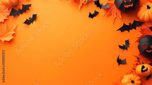 Halloween scene with pumpkins and bats on a bright orange background, bordered by orange autumn leaves, creating a festive and spooky design for seasonal celebrations. photo