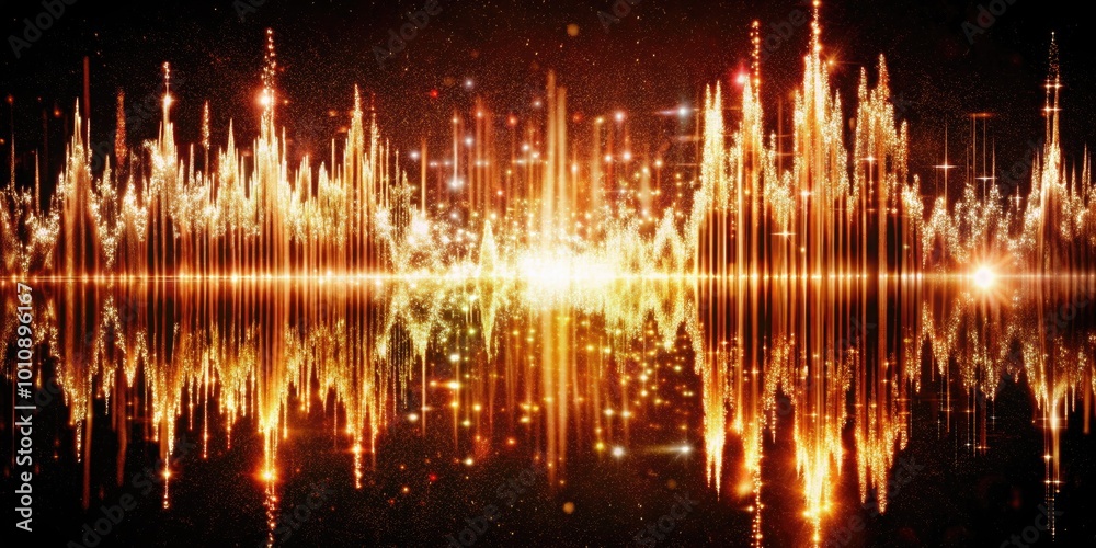 Bright yellow sound wave pattern on dynamic dark background. Bright yellow sound wave pattern on dynamic dark background.