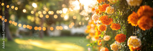 Garlands of orange marigolds against a blurred background of a park, house or temple. Banner template for autumn festival or toran Indian traditional Diwali, Day of dead, wedding copyspace photo