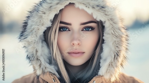 Generative AI Image of Woman in Warm Fur Jacket with Morning Sunlight at Winter Snowy Season