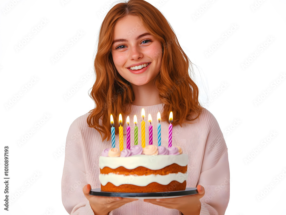 Birthday happy young woman holding cake with candles Birthday happy young woman holding cake with candles