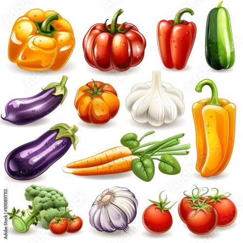 A collection of vegetables and fruits including carrots, broccoli, tomatoes