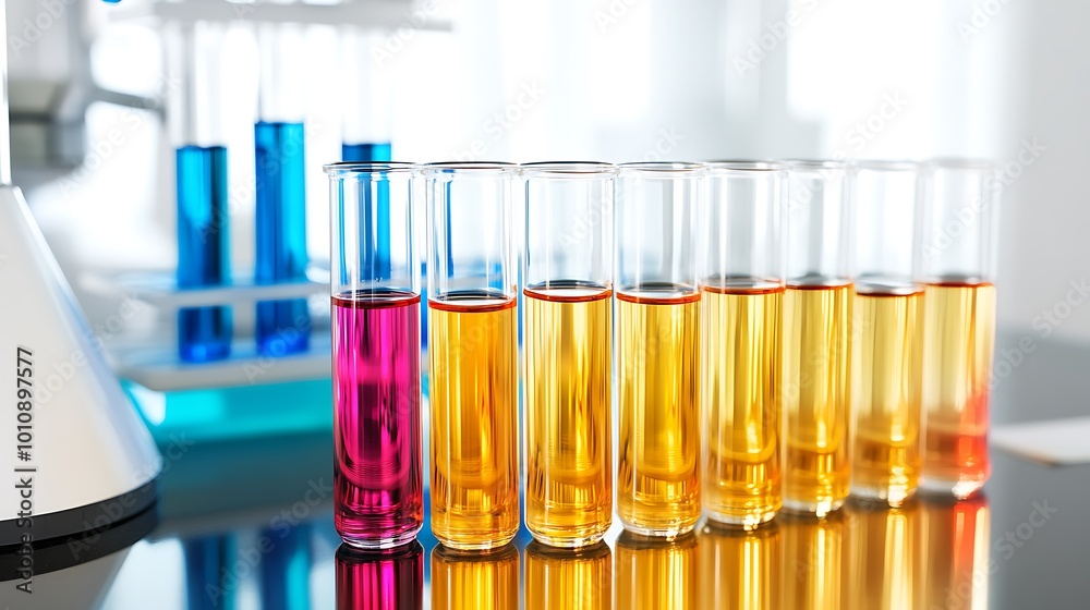 A closeup shot of a row of brightly colored test tubes, filled with various liquids, sitting on a lab bench in a science laboratory setting. A closeup shot of a row of brightly colored test tubes, filled with various liquids, sitting on a lab bench in a science laboratory setting.
