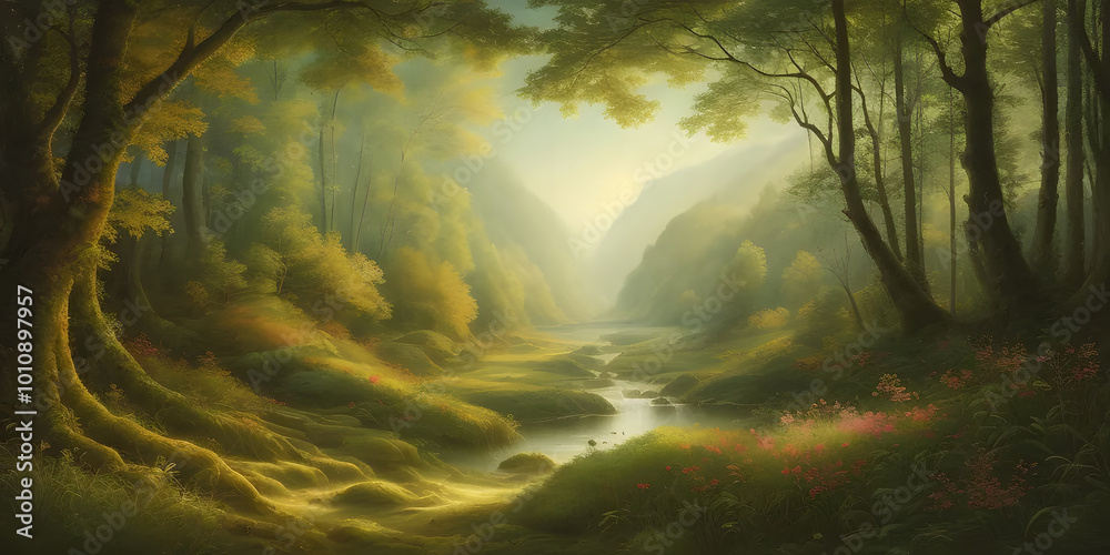 Artistic conception of beautiful landscape painting of nature of forest, background illustration, tender and dreamy design Artistic conception of beautiful landscape painting of nature of forest, background illustration, tender and dreamy design