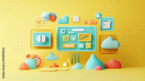 A colorful, abstract digital interface with various icons and shapes on a yellow background.