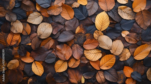 A pile of autumn leaves on the ground, seen from above. The colors range from deep brown to vibrant orange and yellow, creating an intricate pattern that resembles nature's artistry