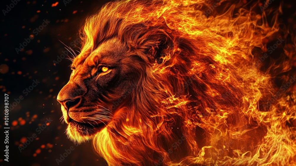 Fiery Majesty, a lions fierce gaze amidst blazing flames, symbolizing power and courage, radiates an intense energy against a dark, dramatic background. Fiery Majesty, a lions fierce gaze amidst blazing flames, symbolizing power and courage, radiates an intense energy against a dark, dramatic background.