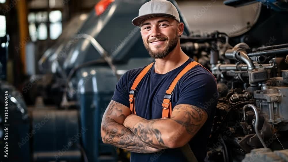 Confident mechanic in repair factory, arms crossed, smiling proudly. Heavy machinery blurred in background. Skilled worker excels in industrial setting Confident mechanic in repair factory, arms crossed, smiling proudly. Heavy machinery blurred in background. Skilled worker excels in industrial setting