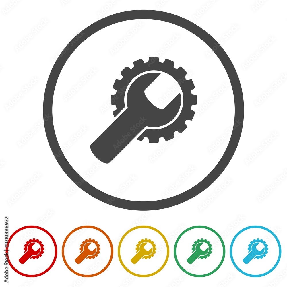 Wrench and Gear isolated icon. Set icons in color circle buttons Wrench and Gear isolated icon. Set icons in color circle buttons
