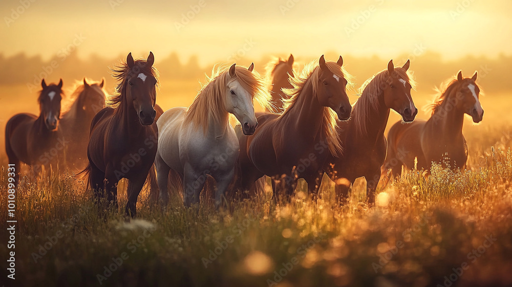 Obraz premium Celebrating the National Day of the Horse with a group of majestic horses at sunset