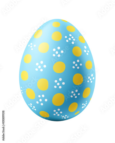 A blue Easter egg with yellow polka dots and white flowers.