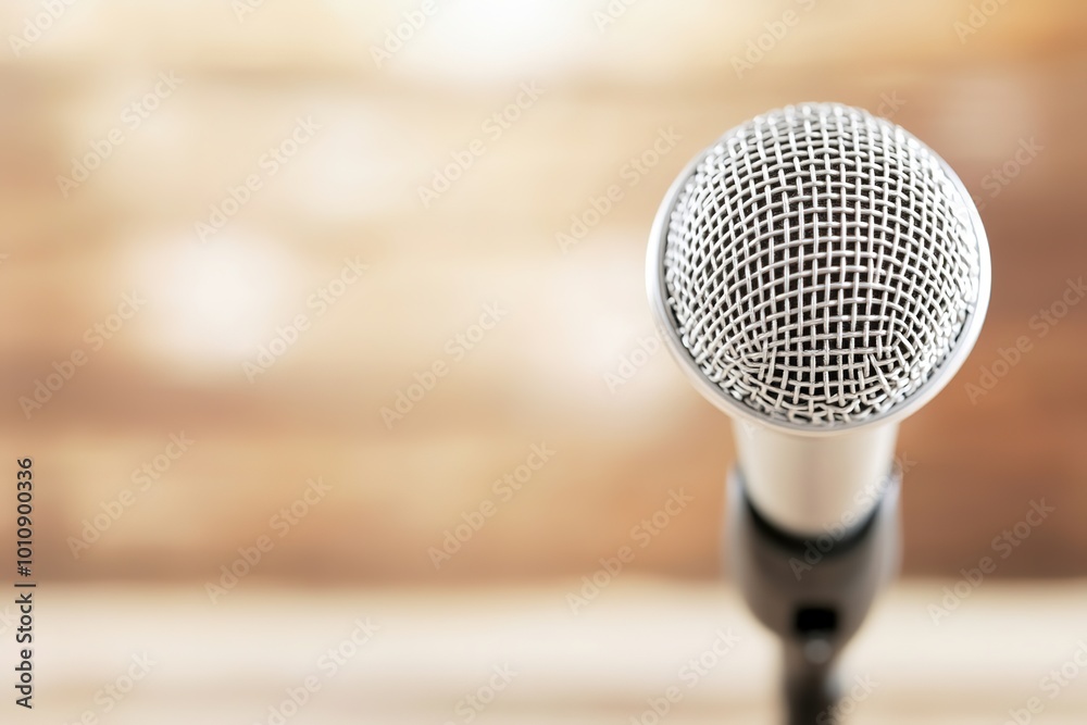 A microphone is on a wooden surface , with ample copy space for text. A microphone is on a wooden surface , with ample copy space for text.