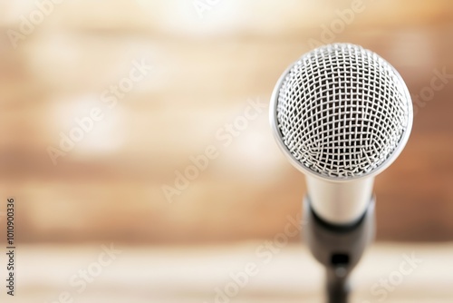 A microphone is on a wooden surface , with ample copy space for text.