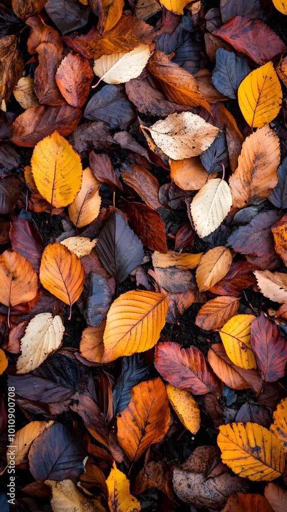 A pile of autumn leaves on the ground, seen from above. The colors range from deep brown to vibrant orange and yellow, creating an intricate pattern that resembles nature's artistry A pile of autumn leaves on the ground, seen from above. The colors range from deep brown to vibrant orange and yellow, creating an intricate pattern that resembles nature's artistry