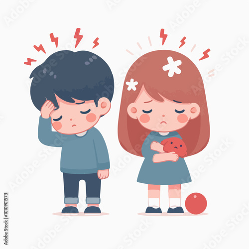 children with headaches flat illustration