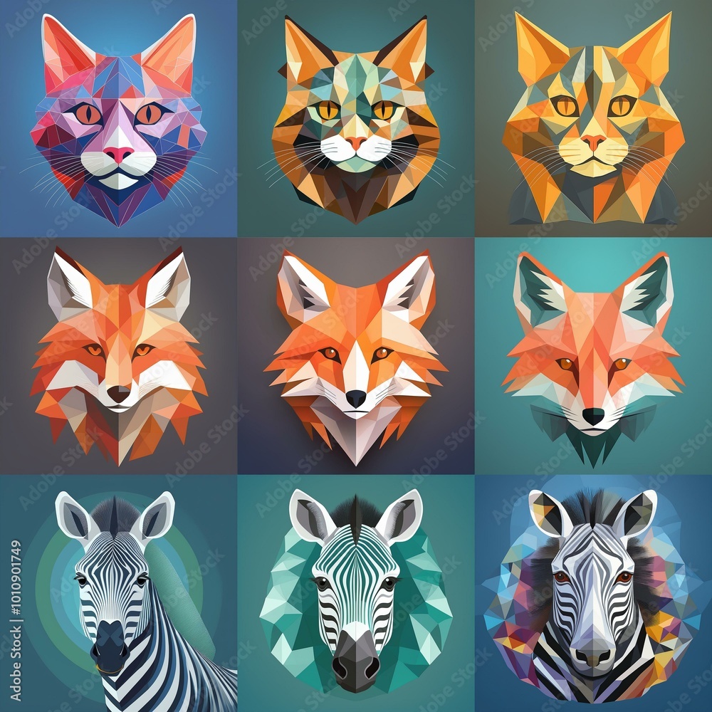 Fototapeta premium Nine animal heads, a cat, fox and zebra in a geometric pattern.