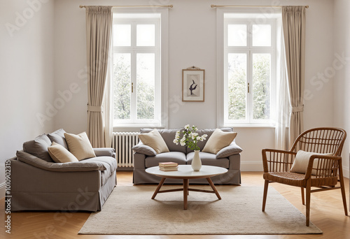 Cozy living room with gray sofa set  round coffee table  and wicker armchair. Natural light fills the room through large windows with curtains. Framed pictures hang on the walls. Generative AI