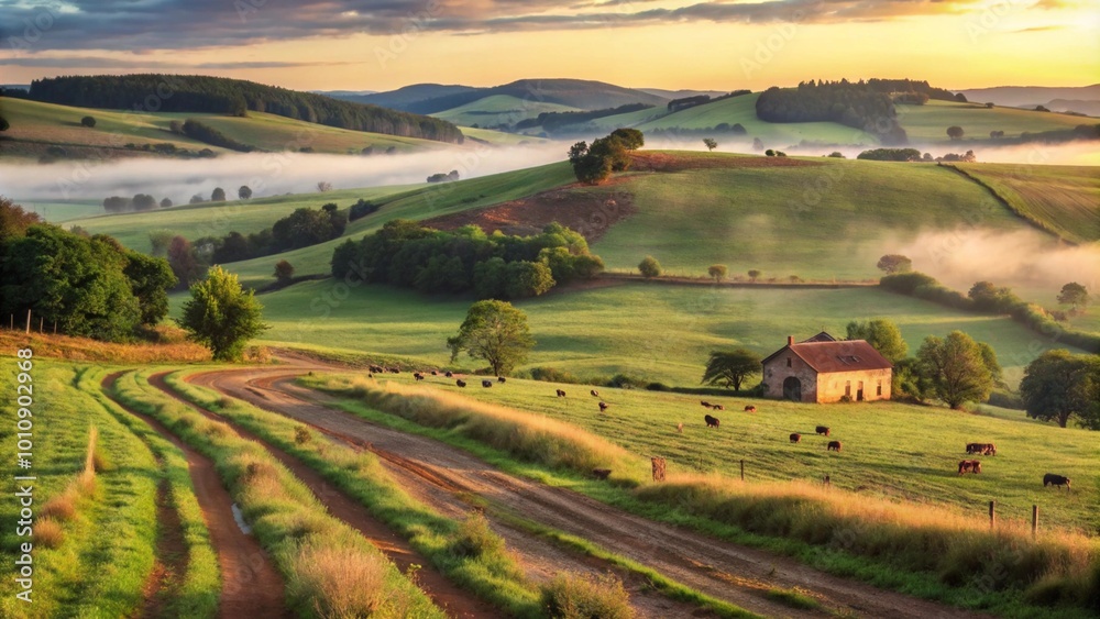 Fototapeta premium Rustic Wooden Fence Along Serene Landscape at Sunset