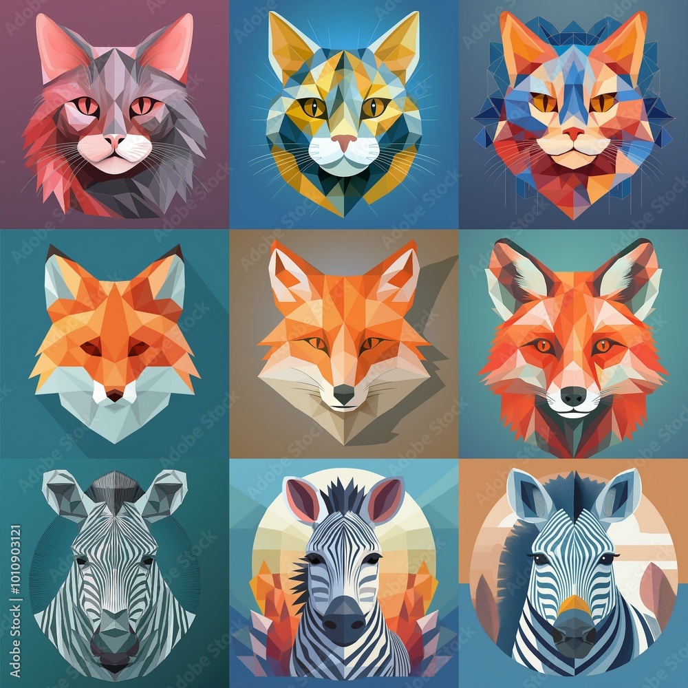 Nine polygonal animal heads are arranged in a grid. Each animal is looking forward with a serious expression. Nine polygonal animal heads are arranged in a grid. Each animal is looking forward with a serious expression.