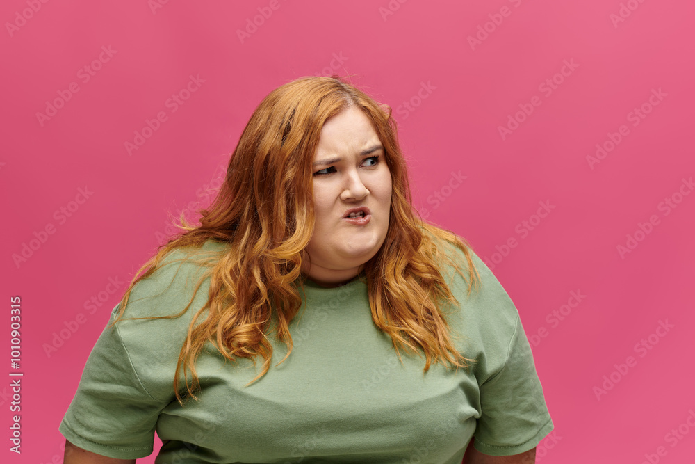 A woman with red hair wearing a green shirt looks away from the camera with a look of frustration. A woman with red hair wearing a green shirt looks away from the camera with a look of frustration.