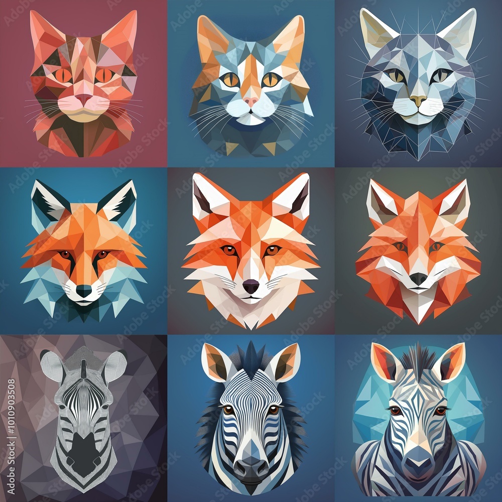 A collection of animal faces, stylized in a geometric, low-poly manner. A collection of animal faces, stylized in a geometric, low-poly manner.