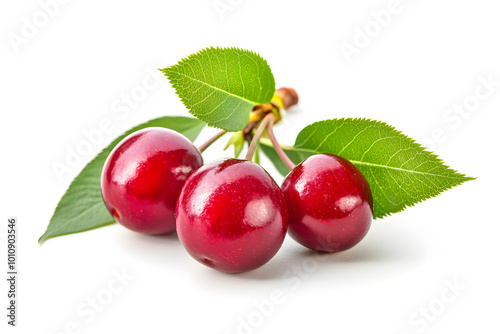 Cherry berry with leaves isolated on white background