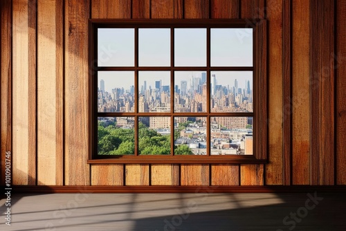 Wooden room with urban skyline view through a large window.