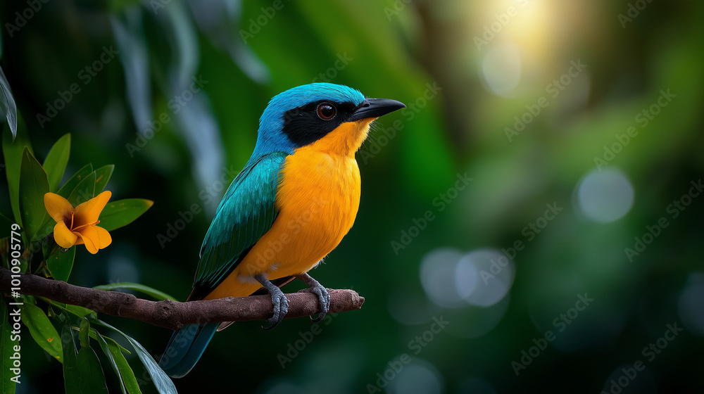 Obraz premium A sharp nature image of a colorful bird perched on a branch in a dense rainforest, with its feathers illuminated by soft light
