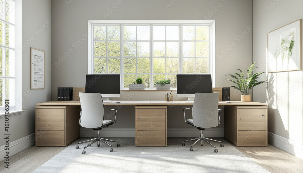 Two empty desks are side by side in a sunlit office with a large window Two empty desks are side by side in a sunlit office with a large window
