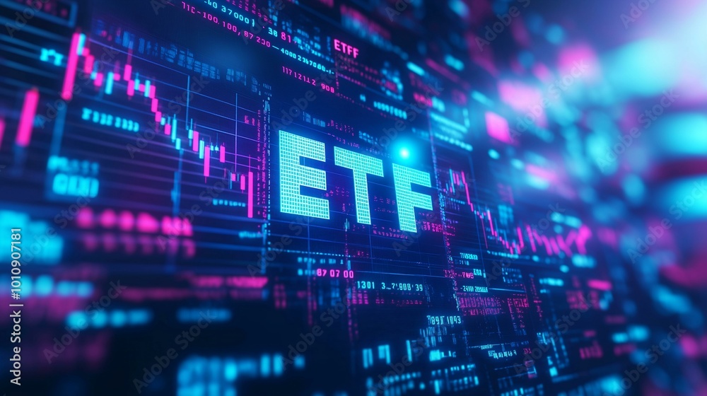 Close-Up of ETF Concept with Stock Market Quotes, Digital Display, and Financial Data Visualizations Close-Up of ETF Concept with Stock Market Quotes, Digital Display, and Financial Data Visualizations