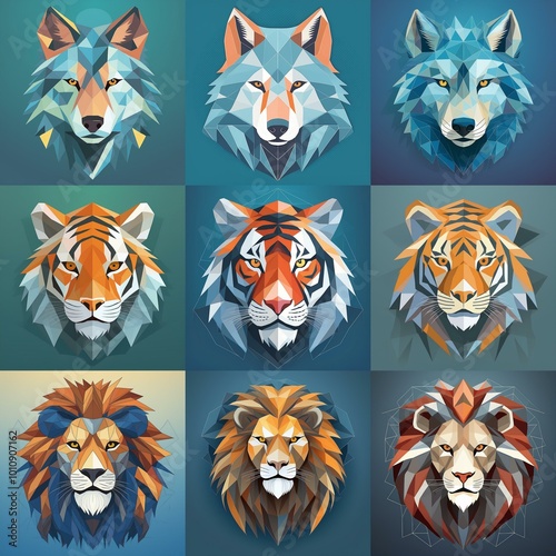 A collection of geometric animal portraits with a blue, green, and orange color scheme. photo