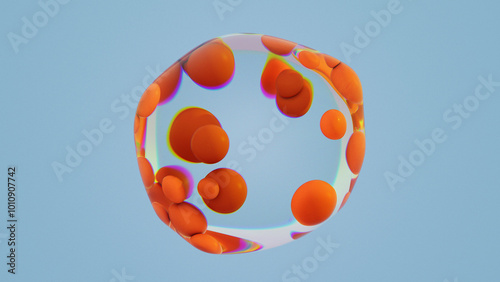 orange color rubbery round soft balls are  floating inside a rubber glassy water round 3d background
 photo