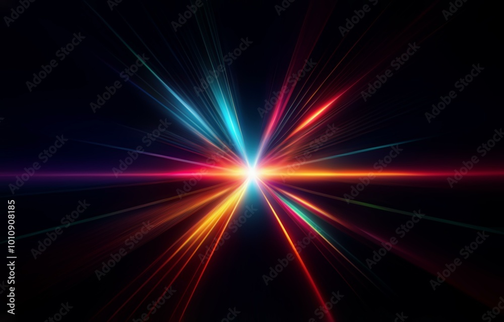 Abstract background with a bright light source surrounded by multicolored rays emanating outward. Abstract background with a bright light source surrounded by multicolored rays emanating outward.