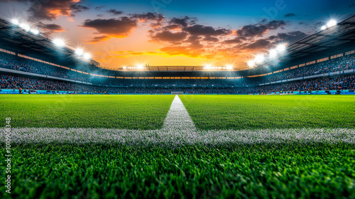 Soccer stadium illuminated at sunset with dramatic sky