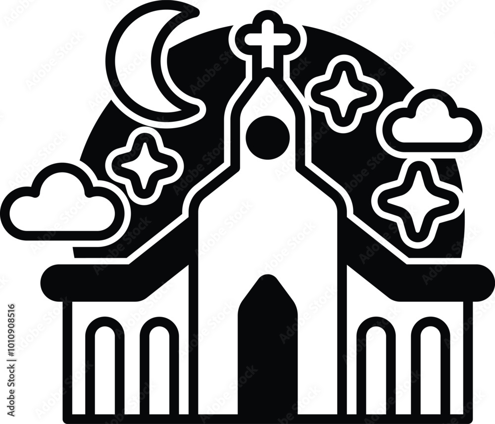 A church with a cross on top and a moon in the background. The church is surrounded by clouds A church with a cross on top and a moon in the background. The church is surrounded by clouds