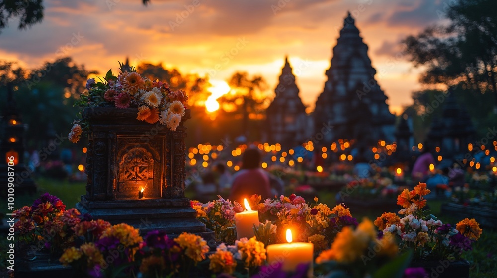 Candles and flowers illuminate a temple during sunset. Candles and flowers illuminate a temple during sunset.