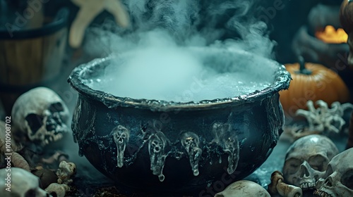 84. A close-up of a bubbling cauldron with dry ice fog spilling over the sides, surrounded by creepy Halloween decor like skulls and bones photo