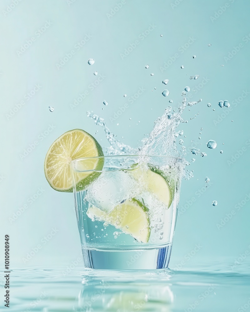 A refreshing splash of lime and ice in a glass of water. A refreshing splash of lime and ice in a glass of water.