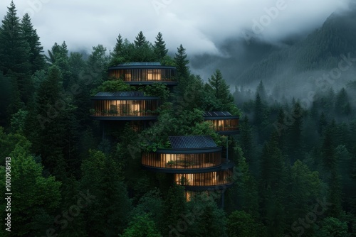 Treehouse-style residences blend seamlessly with the towering forest, showcasing sustainable design and architecture amidst a breathtaking, mist-laden backdrop. photo