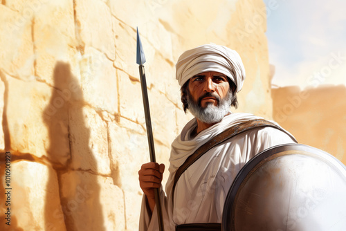Nehemiah, holding a spear and shield, guarding Jerusalem’s walls, symbolizing protection and leadership in biblical times.