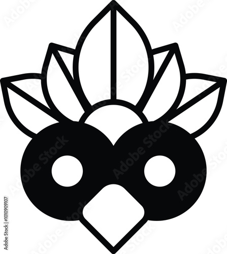 A white and black bird mask with a feathery head